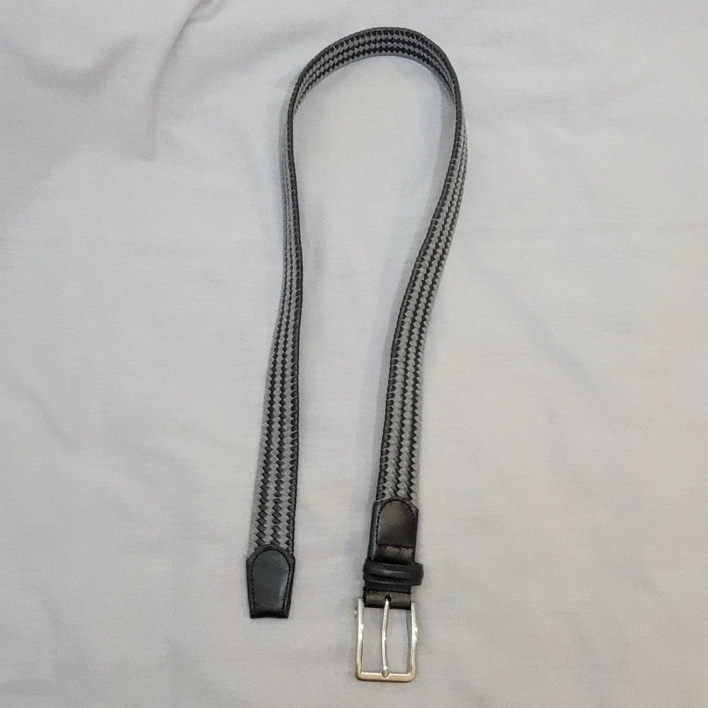 Beltology Mens Grey‎ Black Braided Woven Stretch Belt Leather Trim Size 40 EUC